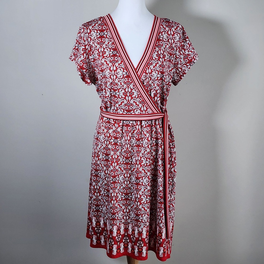 NEW Max Studio Faux Wrap Dress Womens Large Red Pink Floral Geometric Chic Party